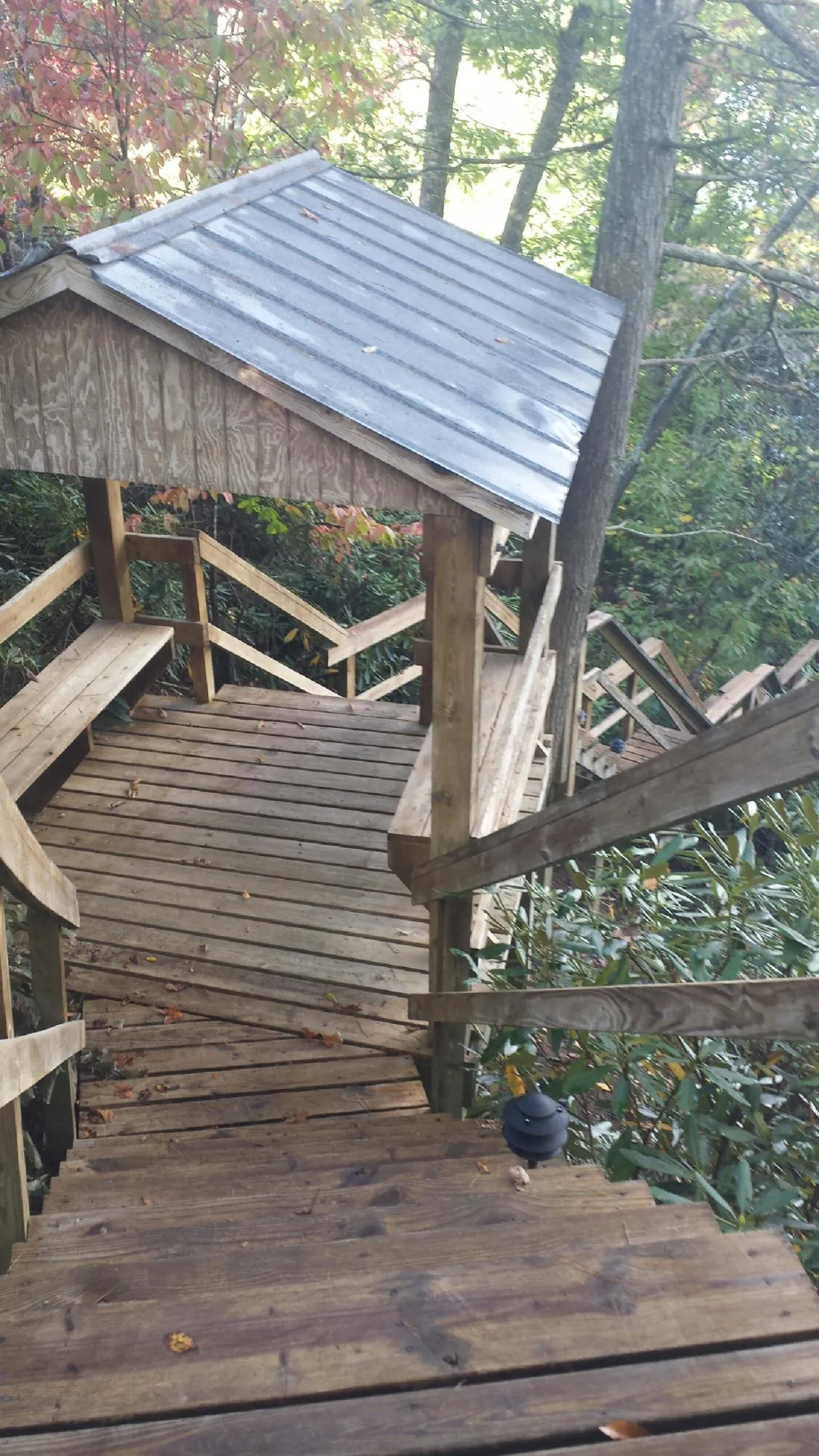 Metal roofed shelter over wooden steps on a wooded walkway — Skylight Repair & Installation work by our crew in Cayuga